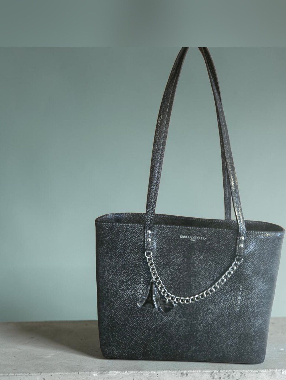 Karl Lagerfeld Textured Black Tote with Silver Chain Charm